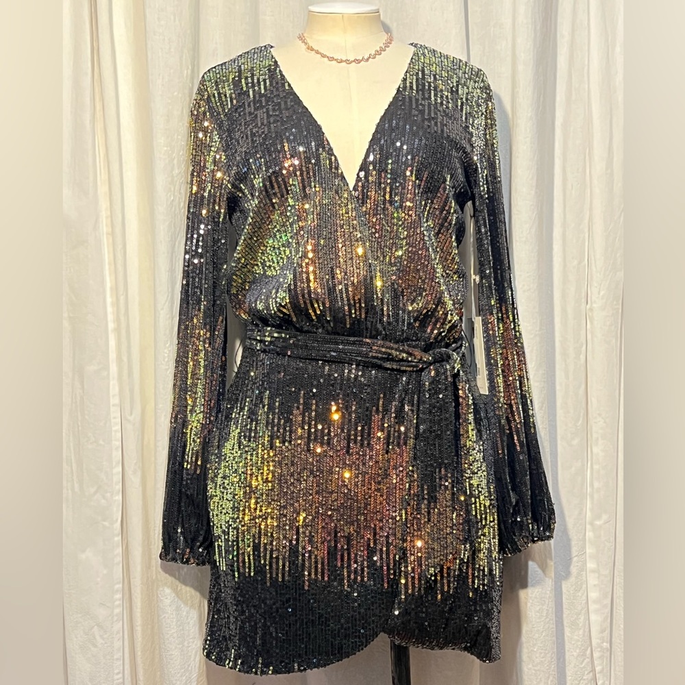 surplice long slv mini dress w/magic rainbow sequins-open back/scallop hem-NWT